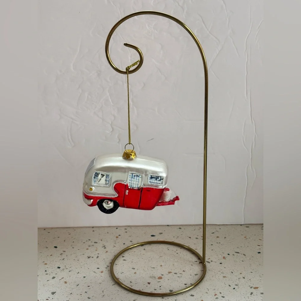 Festive Red and White Vintage Travel Trailer Camper‎ Glass Ornament